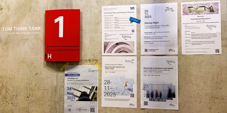 Foto of a lively wall with posters and the sign for the first floor