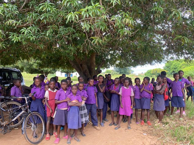 Many children in blue uniforms standing under a tree