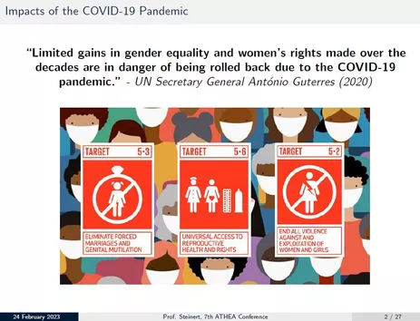 Under the quote of António Guterres is a picture showing a painted crows wearing masks. on top of the pictures are the icons of SDG target 5.3, 5.6, and 5.2