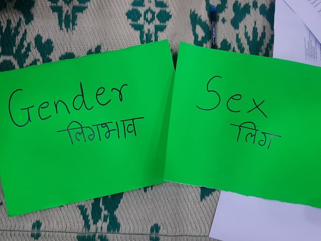 The words gender and sex written on yellow paper in English and Hindi